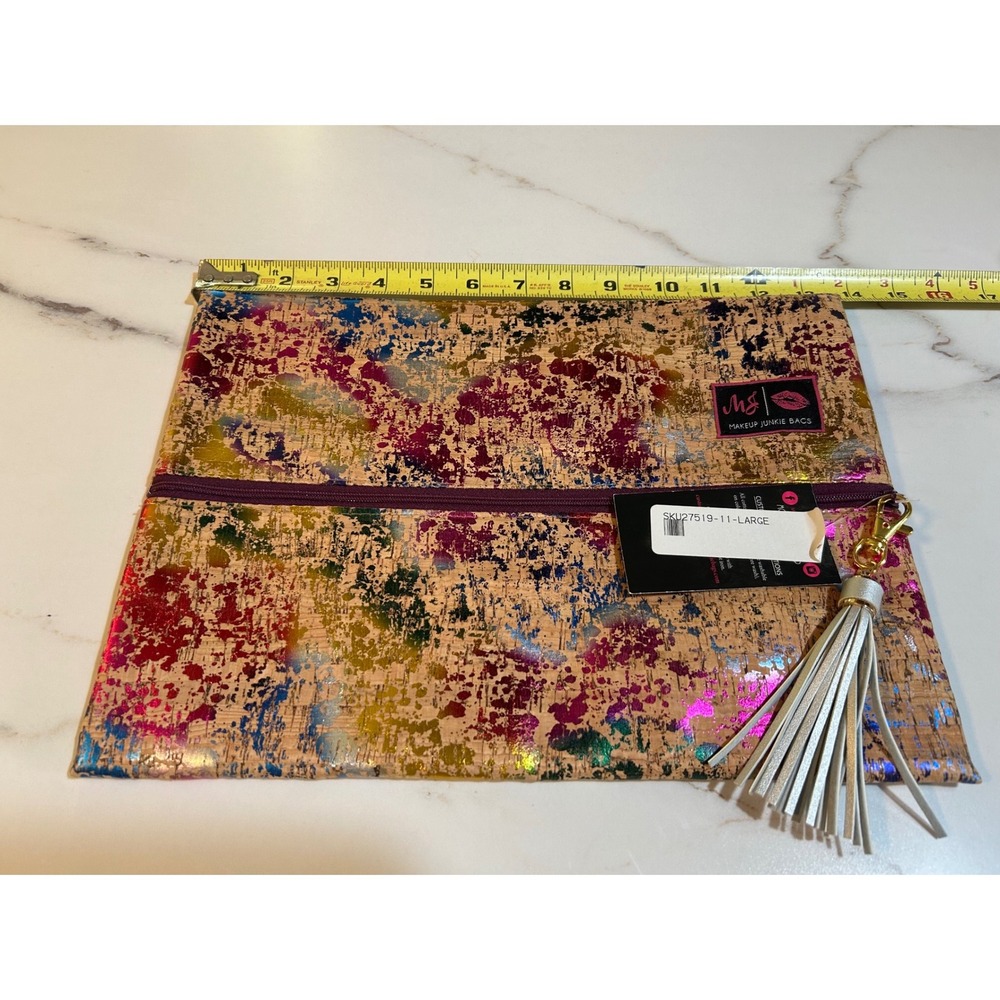Makeup Junkie Bag Large Metallic Splatter Cork Cosmetic Pouch Tassel NWT